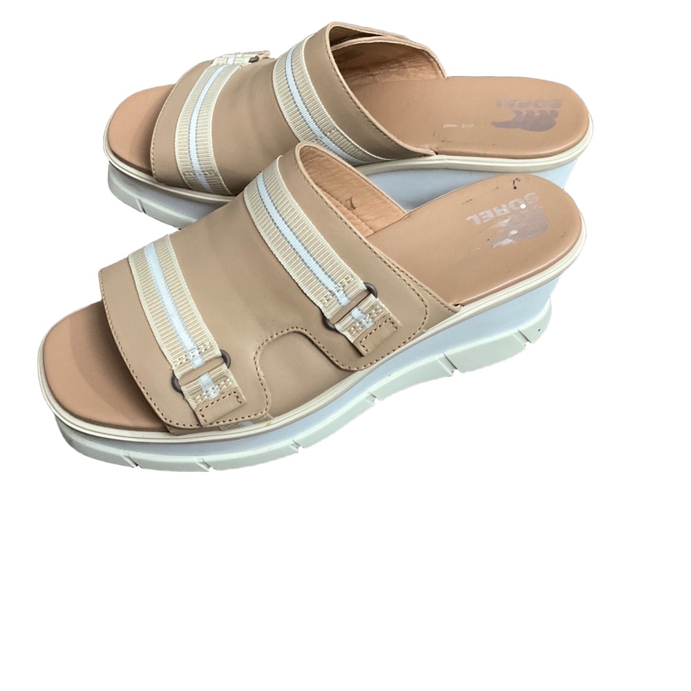 Sorel Tan White Platform Adjustable Strap Striped Wedge Sandal Size 11